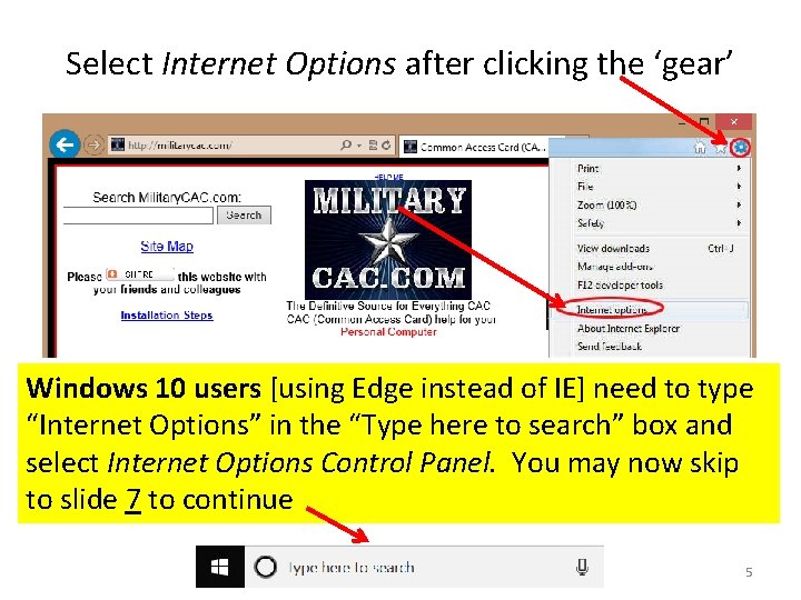 Select Internet Options after clicking the ‘gear’ Windows 10 users [using Edge instead of