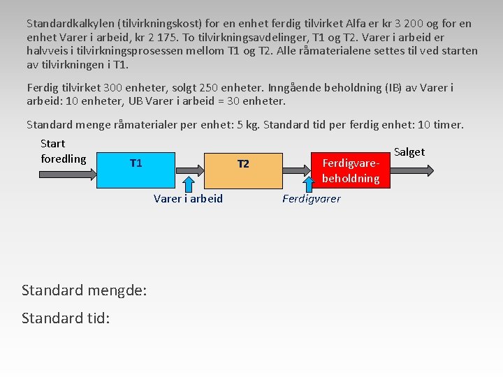 Standardkalkylen (tilvirkningskost) for en enhet ferdig tilvirket Alfa er kr 3 200 og for Standardkalkylen (tilvirkningskost) for en enhet ferdig tilvirket Alfa er kr 3 200 og for