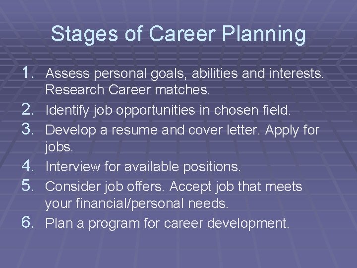 Stages of Career Planning 1. Assess personal goals, abilities and interests. 2. 3. 4.
