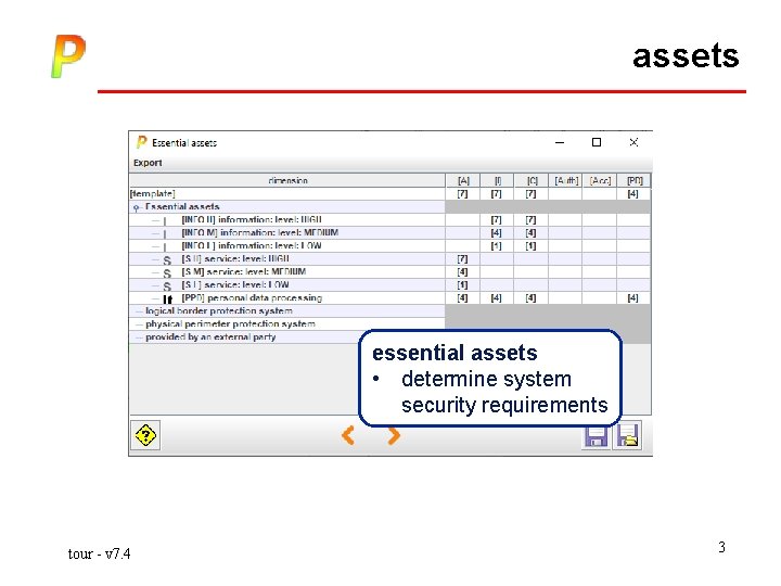 assets essential assets • determine system security requirements tour - v 7. 4 3
