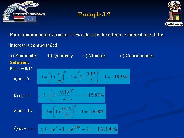 Example 3. 7 For a nominal interest rate of 15% calculate the effective interest
