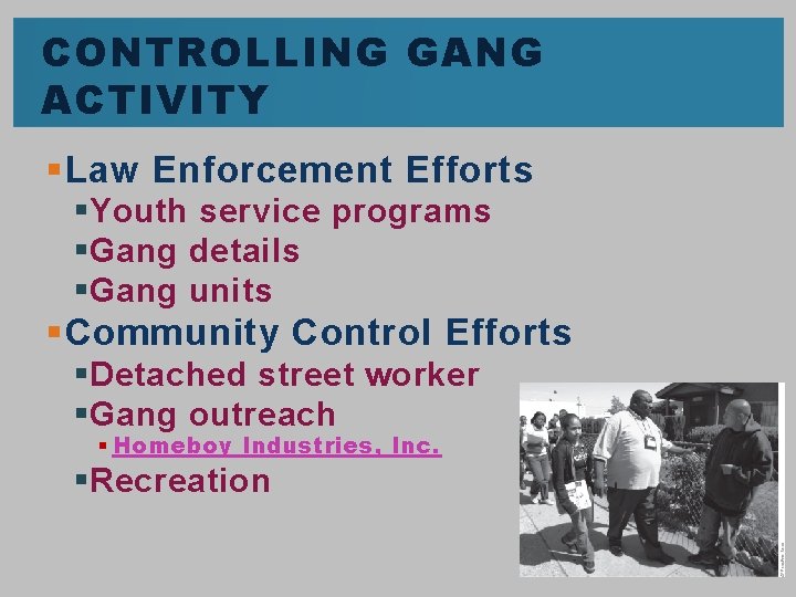 CONTROLLING GANG ACTIVITY § Law Enforcement Efforts § Youth service programs § Gang details