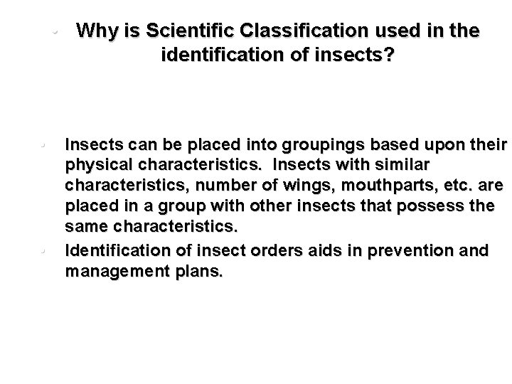  • Why is Scientific Classification used in the identification of insects? • •
