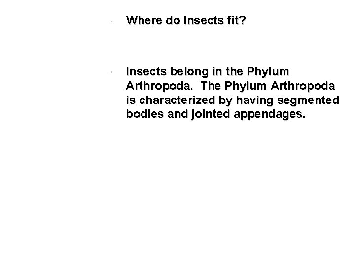  • Where do Insects fit? • Insects belong in the Phylum Arthropoda. The