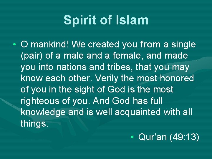 Spirit of Islam • O mankind! We created you from a single (pair) of