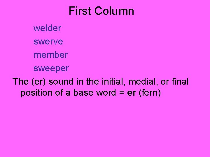 First Column welder swerve member sweeper The (er) sound in the initial, medial, or First Column welder swerve member sweeper The (er) sound in the initial, medial, or