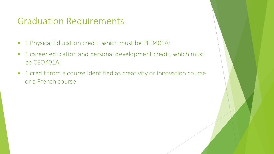 Graduation Requirements § 1 Physical Education credit, which must be PED 401 A; §