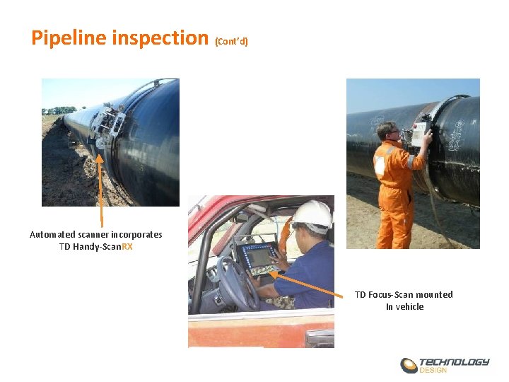 Pipeline inspection (Cont’d) Automated scanner incorporates TD Handy-Scan. RX TD Focus-Scan mounted In vehicle