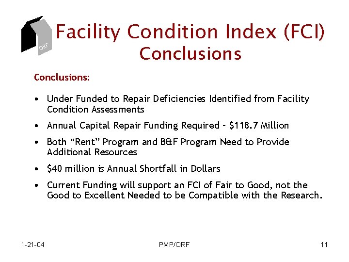 ORF Facility Condition Index (FCI) Conclusions: • Under Funded to Repair Deficiencies Identified from