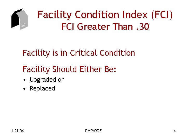 Facility Condition Index (FCI) ORF FCI Greater Than. 30 Facility is in Critical Condition