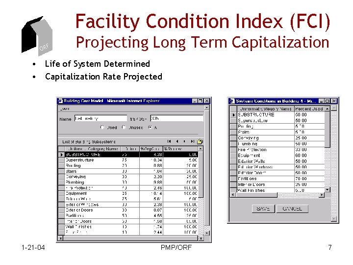 Facility Condition Index (FCI) ORF Projecting Long Term Capitalization • Life of System Determined