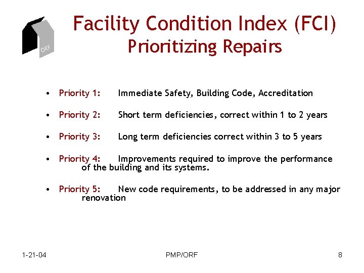 Facility Condition Index (FCI) ORF Prioritizing Repairs • Priority 1: Immediate Safety, Building Code,