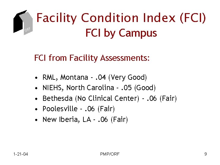 ORF Facility Condition Index (FCI) FCI by Campus FCI from Facility Assessments: • •