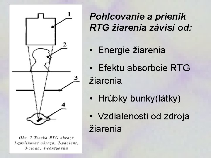 Pohlcovanie a prienik RTG žiarenia závisí od: • Energie žiarenia • Efektu absorbcie RTG