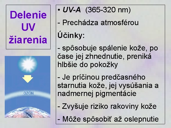 Delenie UV žiarenia • UV-A (365 -320 nm) - Prechádza atmosférou Účinky: - spôsobuje Delenie UV žiarenia • UV-A (365 -320 nm) - Prechádza atmosférou Účinky: - spôsobuje