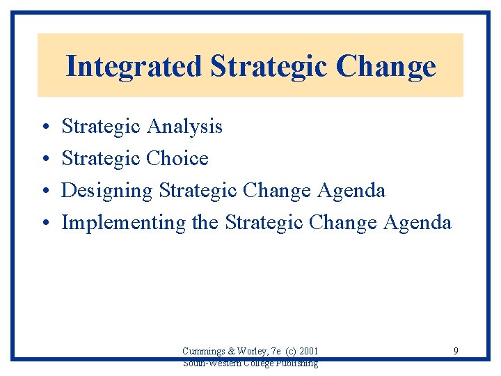 Integrated Strategic Change • • Strategic Analysis Strategic Choice Designing Strategic Change Agenda Implementing