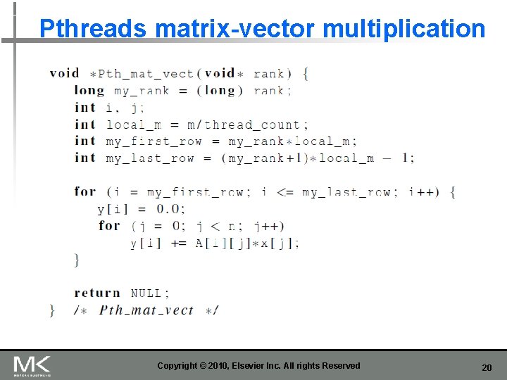 Pthreads matrix-vector multiplication Copyright © 2010, Elsevier Inc. All rights Reserved 20 Pthreads matrix-vector multiplication Copyright © 2010, Elsevier Inc. All rights Reserved 20