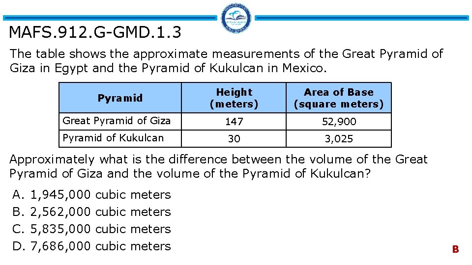 MAFS. 912. G-GMD. 1. 3 The table shows the approximate measurements of the Great