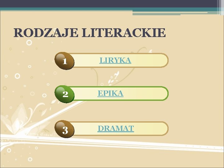 RODZAJE LITERACKIE 1 LIRYKA 2 EPIKA 3 DRAMAT 