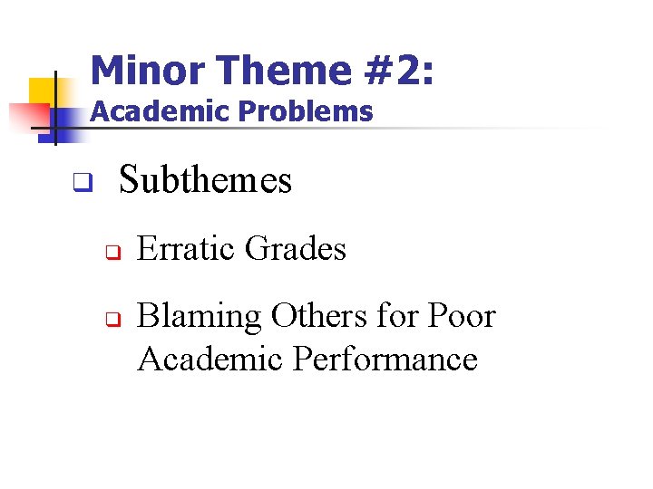 Minor Theme #2: Academic Problems q Subthemes q q Erratic Grades Blaming Others for Minor Theme #2: Academic Problems q Subthemes q q Erratic Grades Blaming Others for