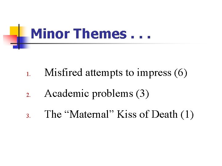 Minor Themes. . . 1. Misfired attempts to impress (6) 2. Academic problems (3) Minor Themes. . . 1. Misfired attempts to impress (6) 2. Academic problems (3)