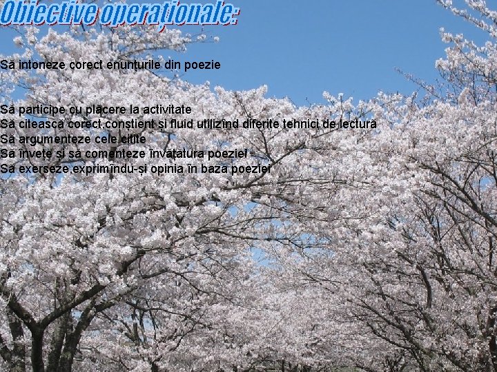 Să intoneze corect enunțurile din poezie Să participe cu plăcere la activitate Să citească