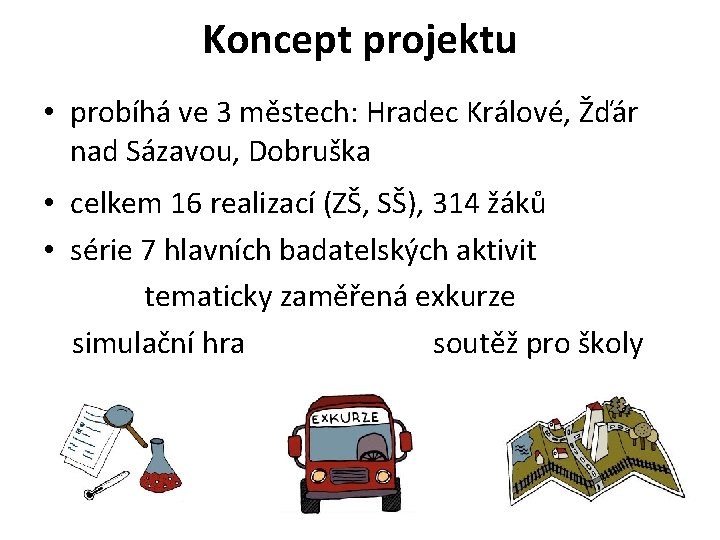 Koncept projektu • probíhá ve 3 městech: Hradec Králové, Žďár nad Sázavou, Dobruška •