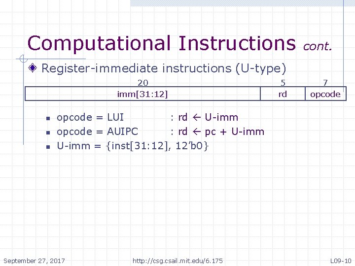 Computational Instructions cont. Register-immediate instructions (U-type) 20 imm[31: 12] n n n 5 rd