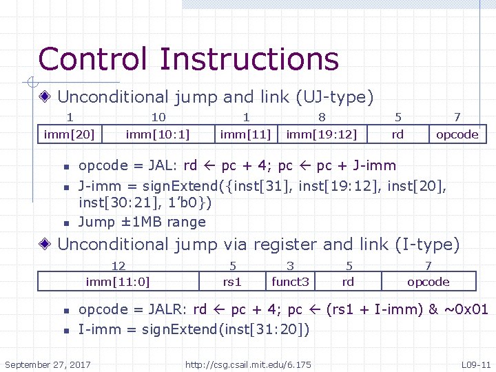Control Instructions Unconditional jump and link (UJ-type) 1 imm[20] n n n 10 imm[10:
