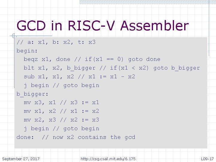 GCD in RISC-V Assembler // a: x 1, b: x 2, t: x 3