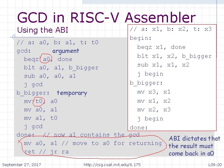 GCD in RISC-V Assembler Using the ABI // a: x 1, b: x 2,