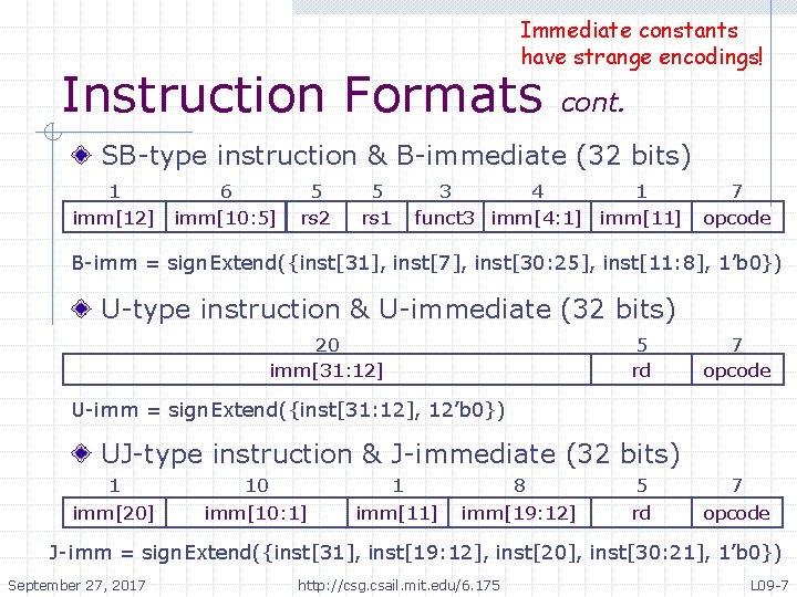 Immediate constants have strange encodings! Instruction Formats cont. SB-type instruction & B-immediate (32 bits)