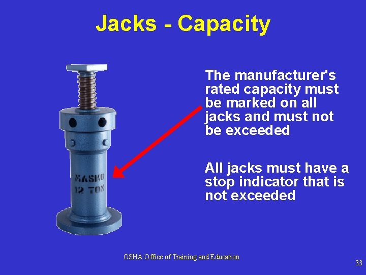 Jacks - Capacity The manufacturer's rated capacity must be marked on all jacks and Jacks - Capacity The manufacturer's rated capacity must be marked on all jacks and