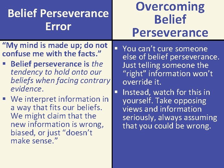Belief Perseverance Error Overcoming Belief Perseverance “My mind is made up; do not §