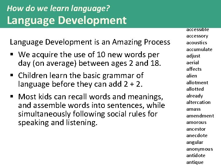 How do we learn language? Language Development is an Amazing Process § We acquire