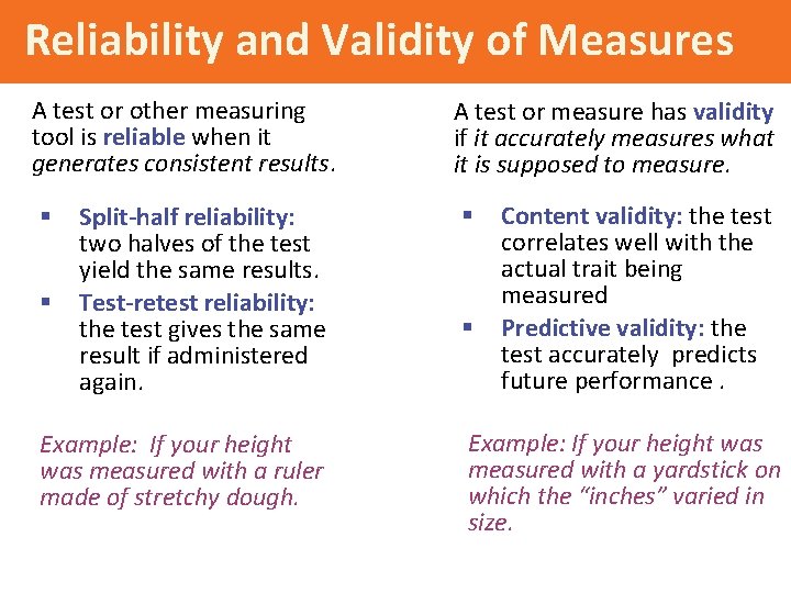 Reliability and Validity of Measures A test or other measuring tool is reliable when