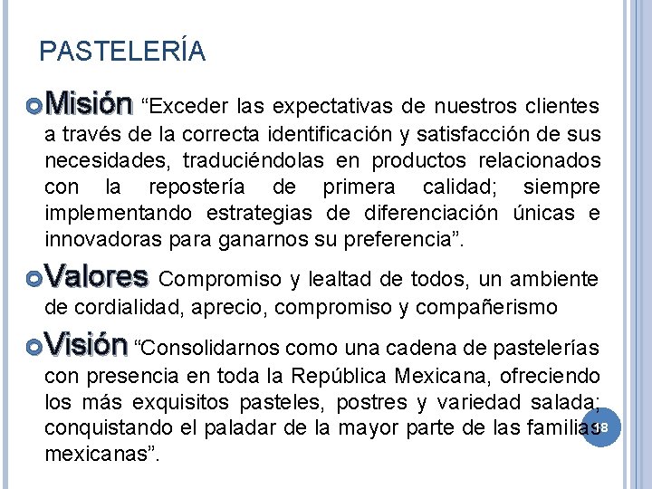 PASTELERÍA Misión “Exceder las expectativas de nuestros clientes a través de la correcta identificación PASTELERÍA Misión “Exceder las expectativas de nuestros clientes a través de la correcta identificación