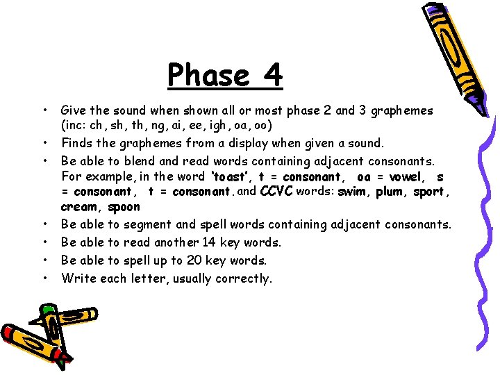 Phase 4 • • Give the sound when shown all or most phase 2