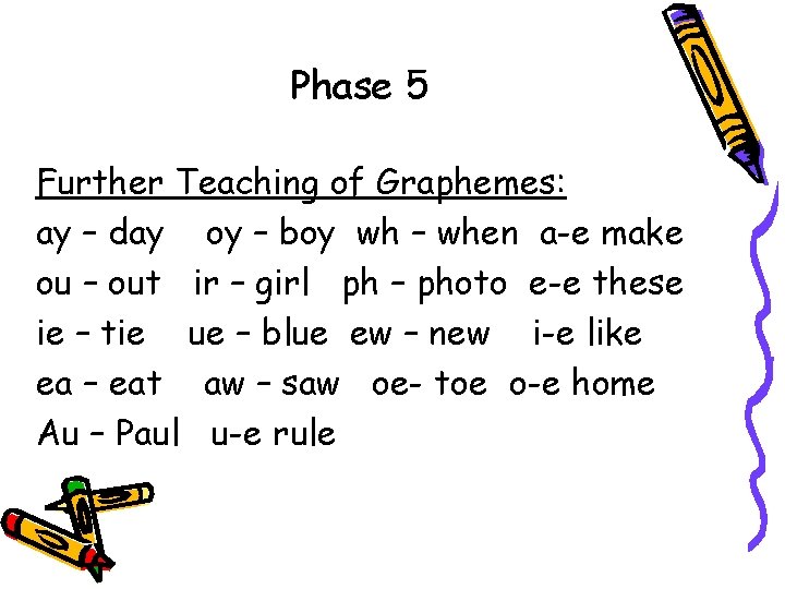 Phase 5 Further Teaching of Graphemes: ay – day oy – boy wh –