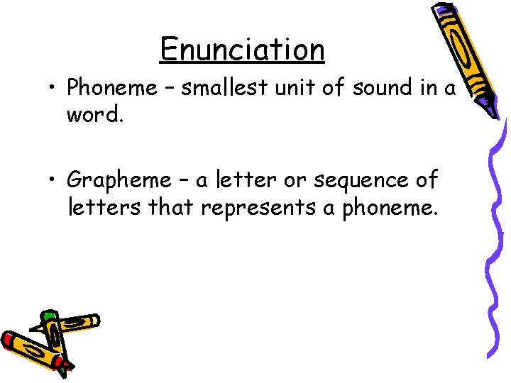 Enunciation • Phoneme – smallest unit of sound in a word. • Grapheme –