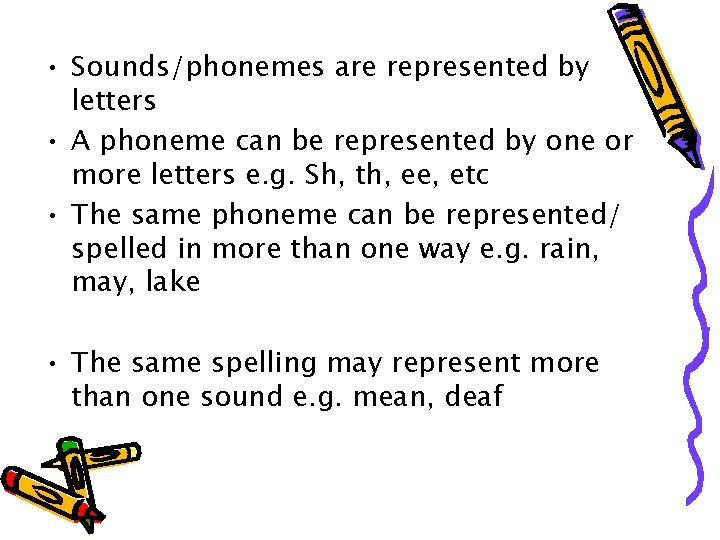  • Sounds/phonemes are represented by letters • A phoneme can be represented by