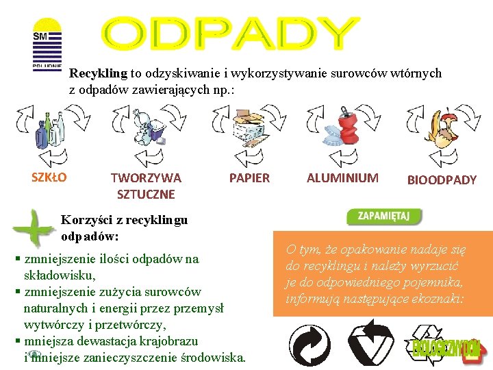 Recykling to odzyskiwanie i wykorzystywanie surowców wtórnych z odpadów zawierających np. : SZKŁO TWORZYWA