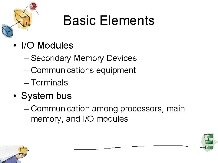 Basic Elements • I/O Modules – Secondary Memory Devices – Communications equipment – Terminals
