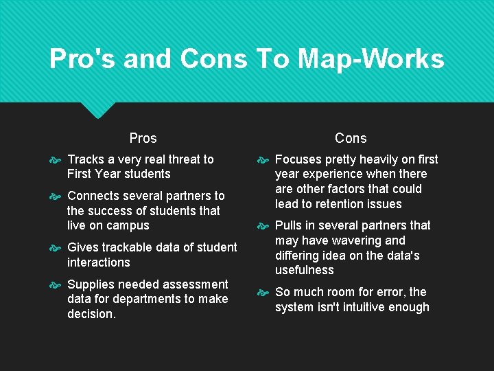 Pro's and Cons To Map-Works Pros Tracks a very real threat to First Year