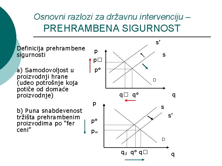 Osnovni razlozi za državnu intervenciju – PREHRAMBENA SIGURNOST o Definicija prehrambene sigurnosti a) Samodovoljost