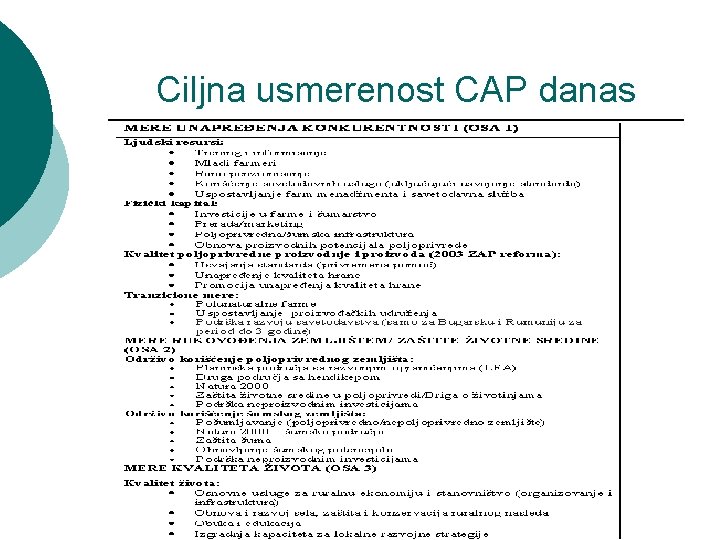 Ciljna usmerenost CAP danas 