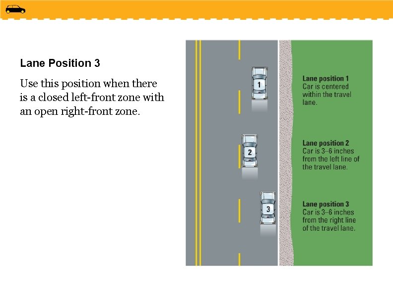 Lane Position 3 Use this position when there is a closed left-front zone with