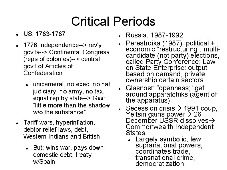 Critical Periods US: 1783 -1787 1776 Independence--> rev'y gov'ts--> Continental Congress (reps of colonies)-->