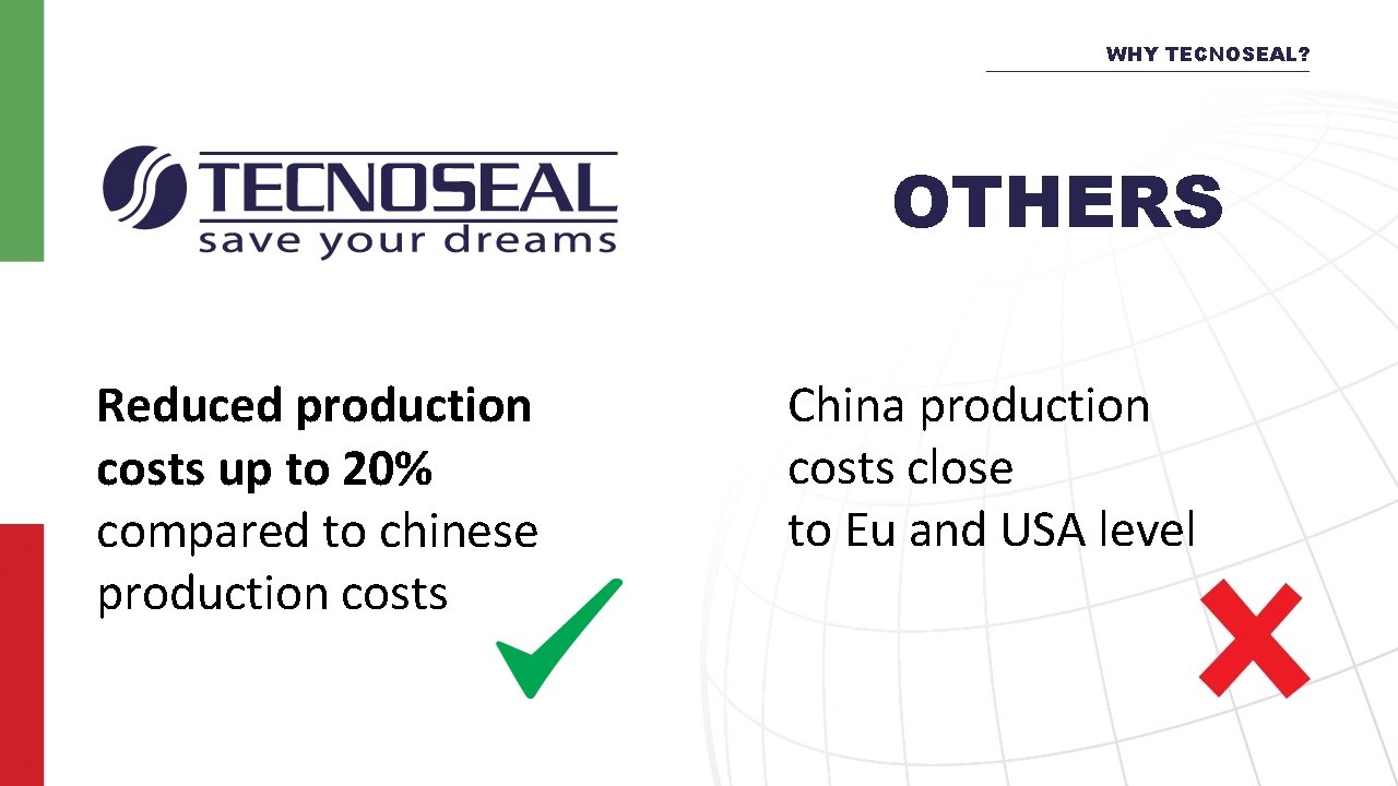 WHY TECNOSEAL? OTHERS Reduced production costs up to 20% compared to chinese production costs