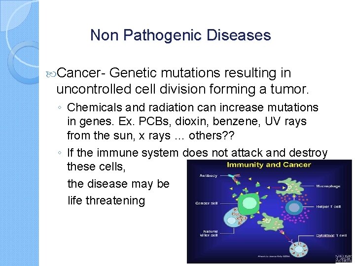 Non Pathogenic Diseases Cancer- Genetic mutations resulting in uncontrolled cell division forming a tumor.